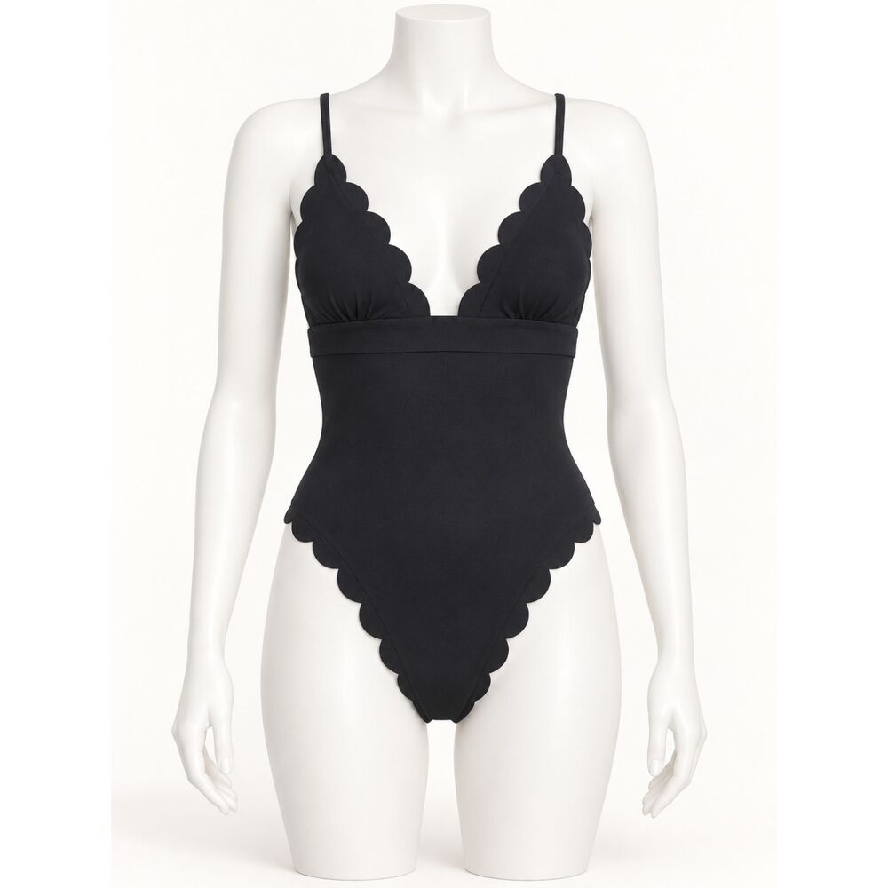 ZAFUL Women’s M Black Scalloped One Piece Swimsuit Tie Back NWT US 6